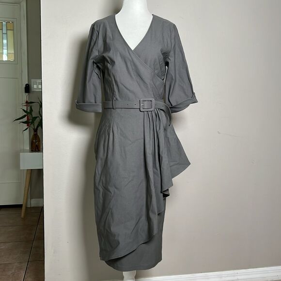 MUXXN V-Neck Belt Waist Formal Pencil Dress - Picture 3 of 12